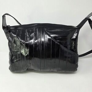 Vintage Genuine Eel Skin Black Handbag Purse Tote Bag Made in Korea
